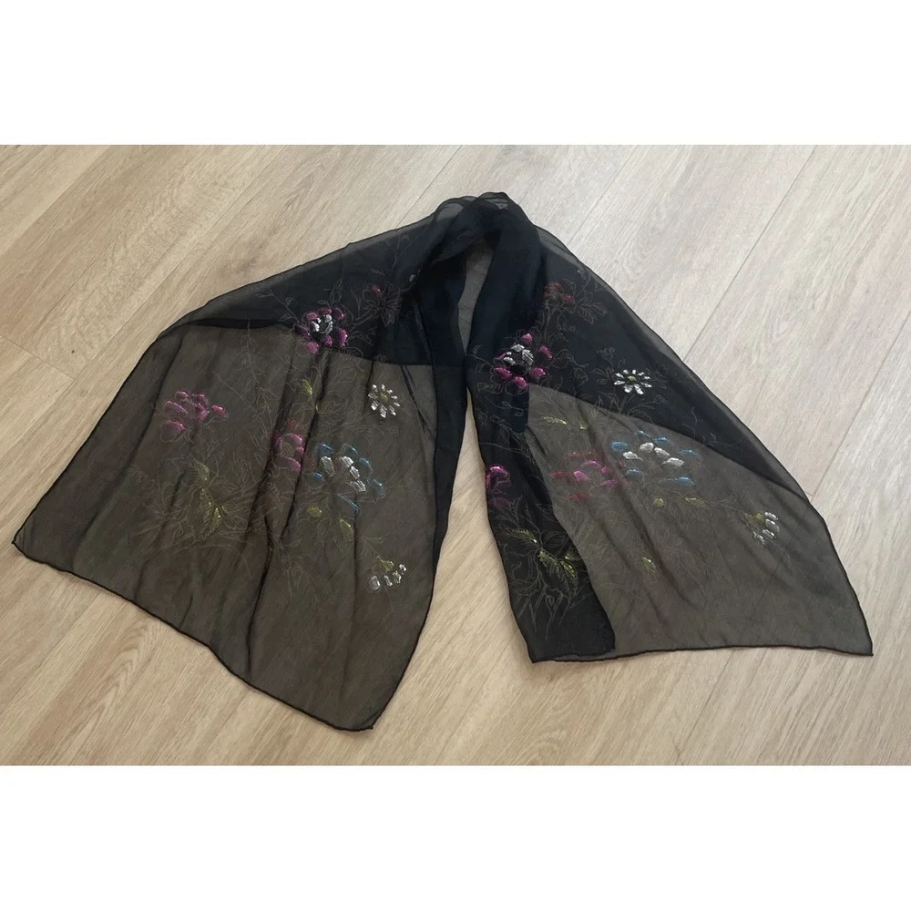 Vintage Scarf Sheer Black Rayon Painted Flowers Women's 17